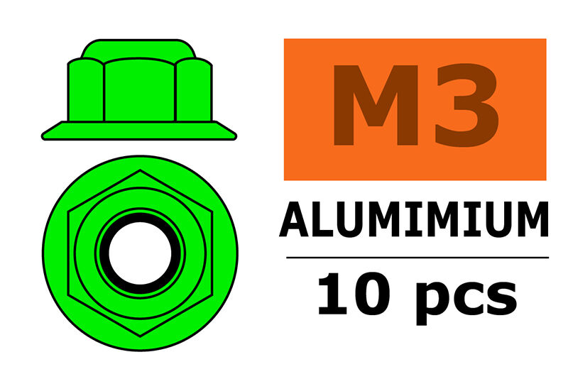 G-Force RC - Aluminium Sechskantmutter Selbstsichernd - M3 - mit Bund - Grün - 10 St (GF-0401-031)