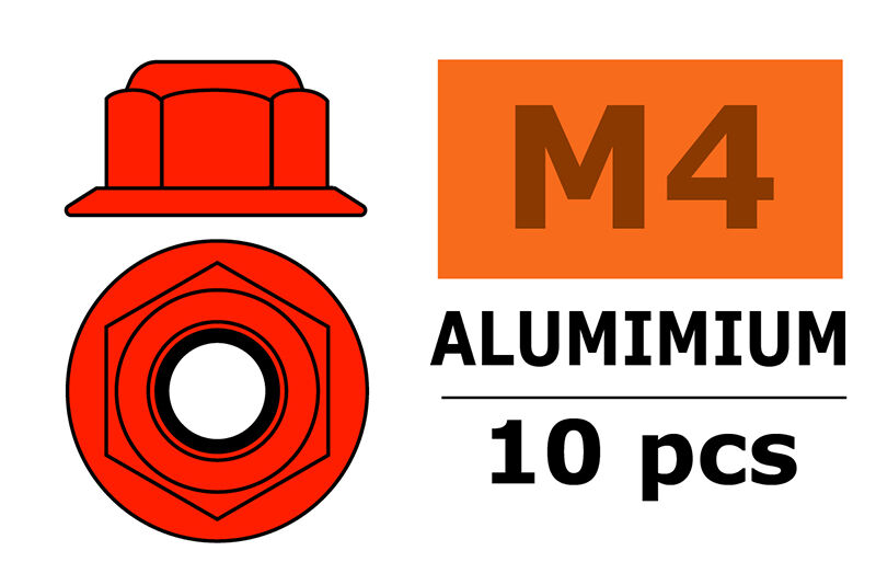 G-Force RC - Aluminium Sechskantmutter Selbstsichernd - M4 - mit Bund - Rot - 10 St (GF-0401-045)