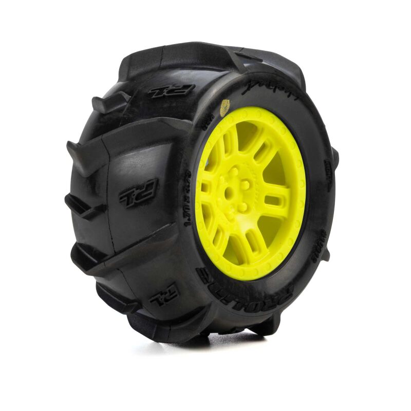 Pro-Line Racing 1/16 Dumont Front/Rear Paddle Tires Mounted 12mm Yellow Split Six (2): ARRMA MINI KRATON (PRO1031212)